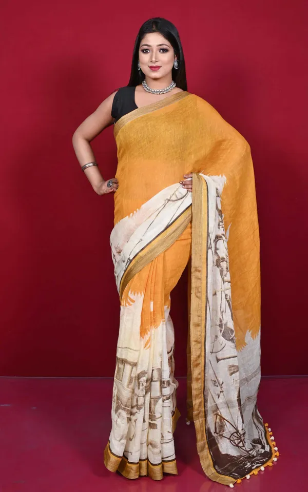 Hand_Woven_Soft_Digital_Printed_High_Quality_Linen_Saree_In_Pastel_Orange_Eggshell_White_And_Crater_Brown
