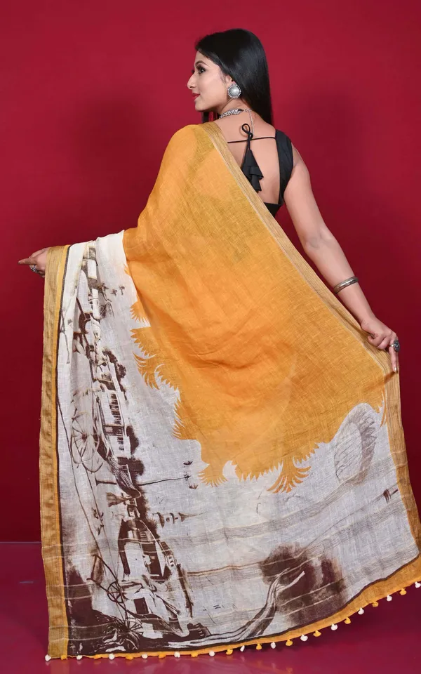 Hand_Woven_Soft_Digital_Printed_High_Quality_Linen_Saree_In_Pastel_Orange_Eggshell_White_And_Crater_Brown
