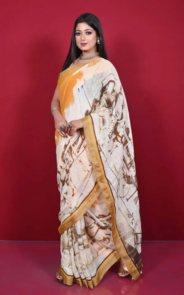 Hand_Woven_Soft_Digital_Printed_High_Quality_Linen_Saree_In_Pastel_Orange_Eggshell_White_And_Crater_Brown