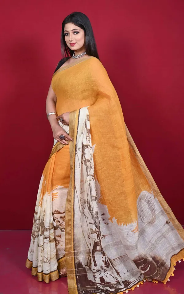 Hand_Woven_Soft_Digital_Printed_High_Quality_Linen_Saree_In_Pastel_Orange_Eggshell_White_And_Crater_Brown