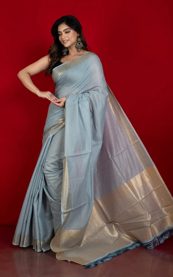 Soft_Cotton_Chanderi_Chain_Stitch_Thread_Work_Saree_In_Cool_Grey_Off_White_And_Matte_Golden