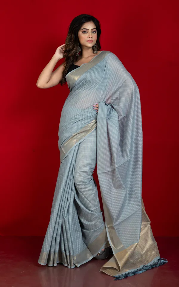 Soft_Cotton_Chanderi_Chain_Stitch_Thread_Work_Saree_In_Cool_Grey_Off_White_And_Matte_Golden