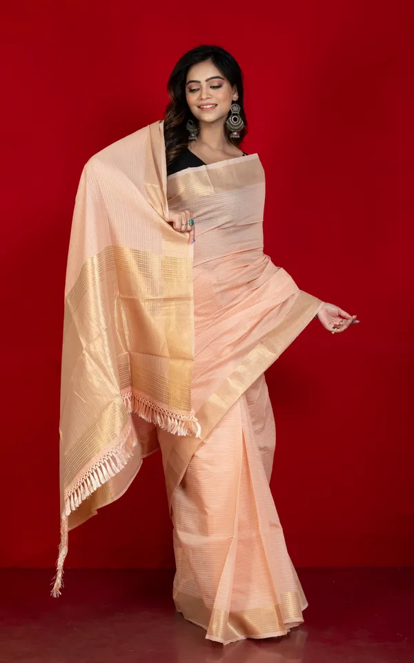 Soft_Cotton_Chanderi_Chain_Stitch_Thread_Work_Saree_In_Wax_Flower_Off_White_And_Matte_Golden