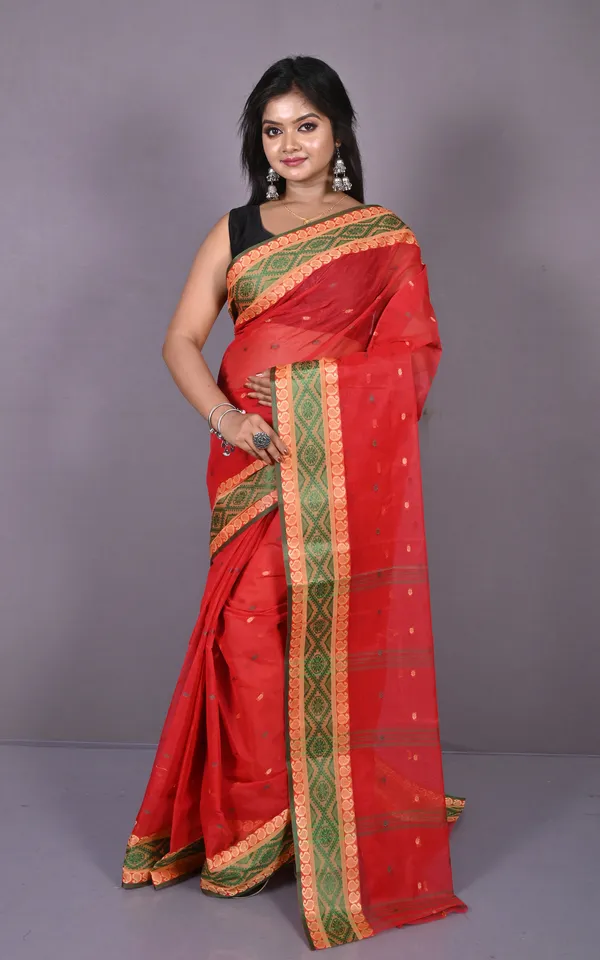 Thread_Nakshi_Woven_Work_Bengal_Tangail_Hazar_Butti_Cotton_Saree_In_Red_Green_And_Warm_Beige