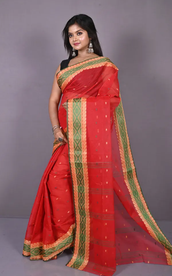 Thread_Nakshi_Woven_Work_Bengal_Tangail_Hazar_Butti_Cotton_Saree_In_Red_Green_And_Warm_Beige