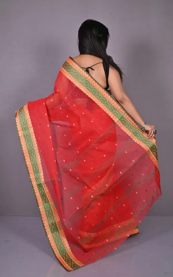 Thread_Nakshi_Woven_Work_Bengal_Tangail_Hazar_Butti_Cotton_Saree_In_Red_Green_And_Warm_Beige