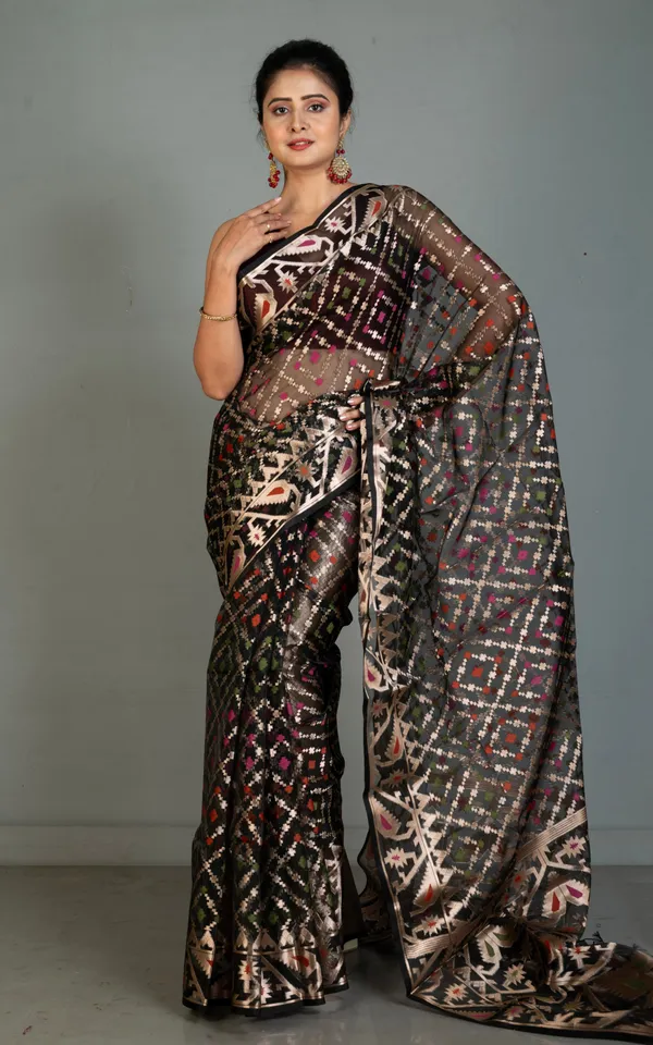 Traditional_Needle_Karat_Work_Soft_Resham_Jamdani_Silk_Saree_In_Black_And_Antique_Golden