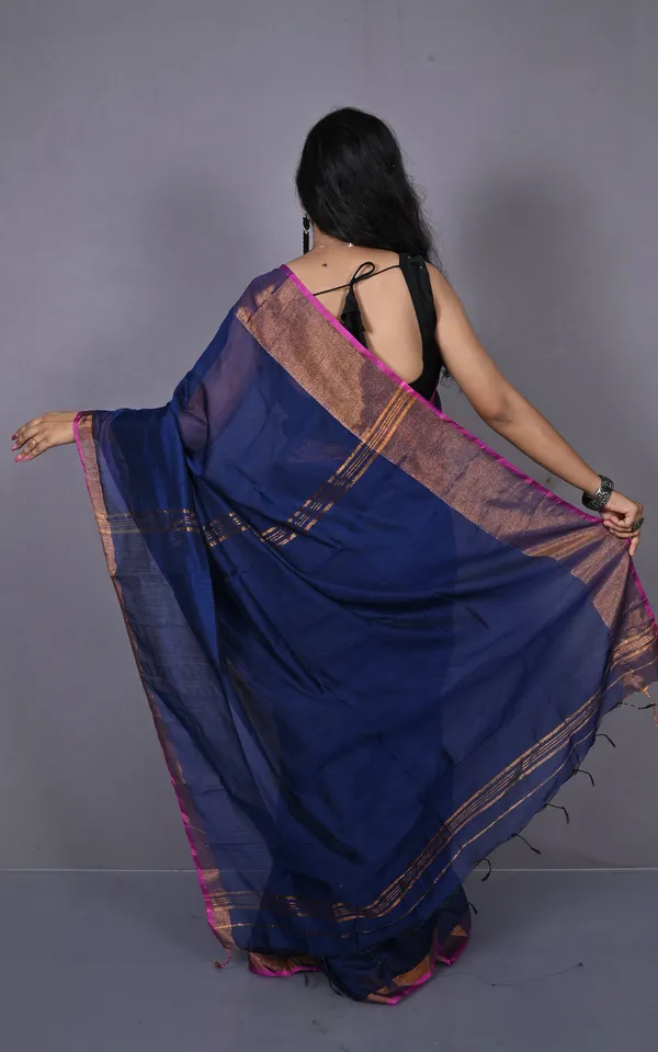 Khadi_Cotton_Silk_Saree_In_Midnight_Blue_Magenta_And_Antique_Golden