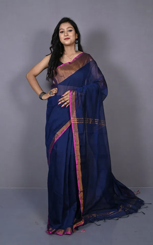 Khadi_Cotton_Silk_Saree_In_Midnight_Blue_Magenta_And_Antique_Golden