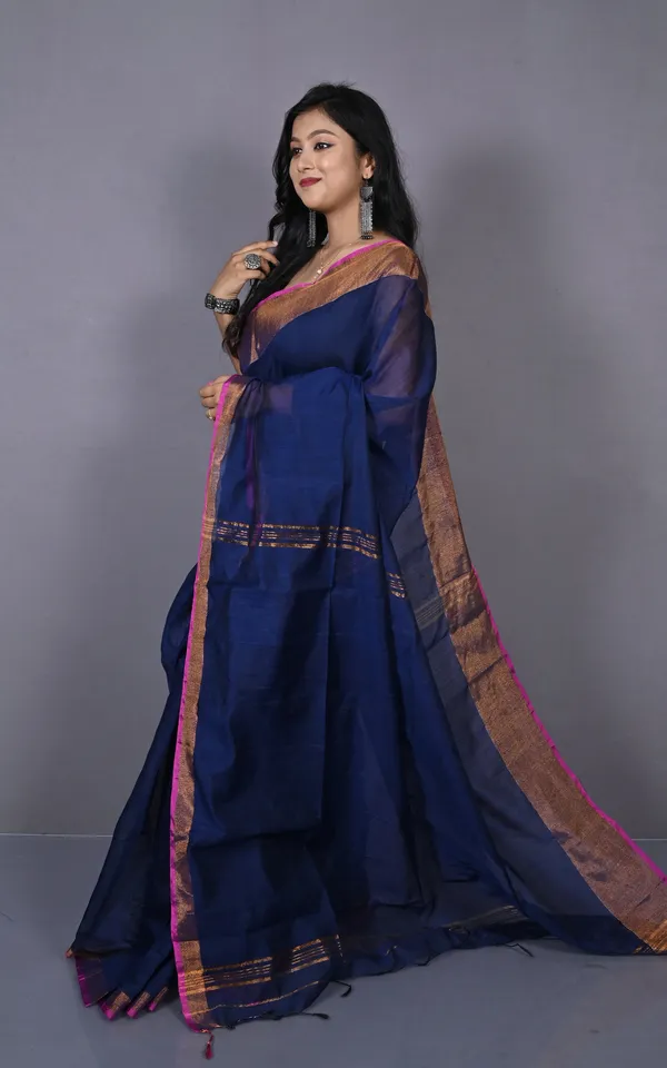 Khadi_Cotton_Silk_Saree_In_Midnight_Blue_Magenta_And_Antique_Golden