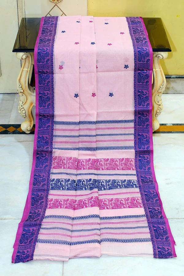 Bengal_Handloom_Cotton_Baluchari_Saree_In_Cavern_Pink_Royal_Blue_And_Warm_Purple