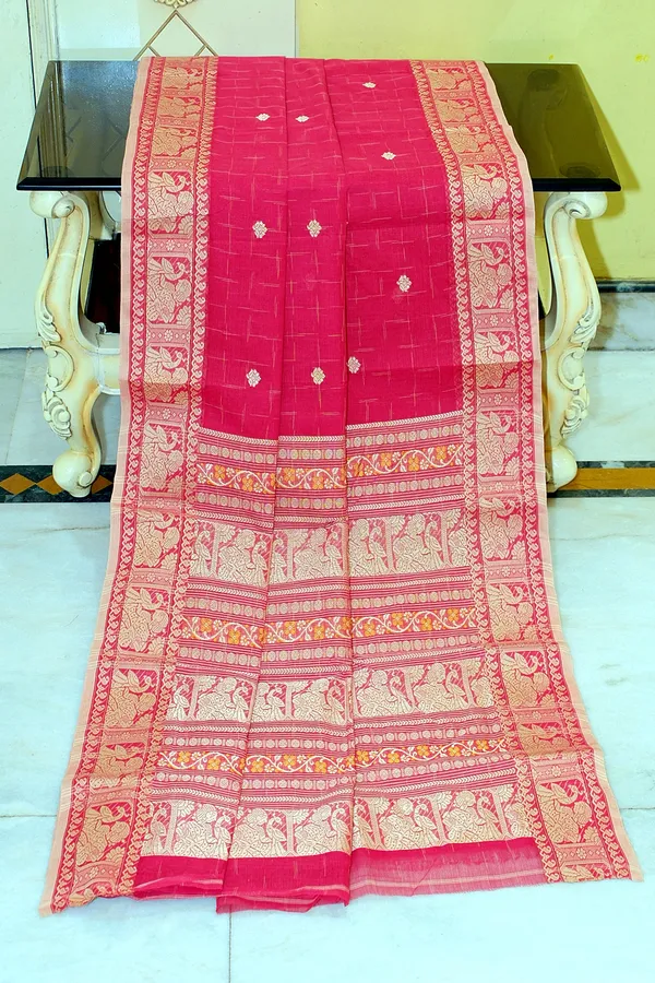 Bengal_Handloom_Cotton_Baluchari_Saree_In_Red_Fuel_Yellow_And_Beige