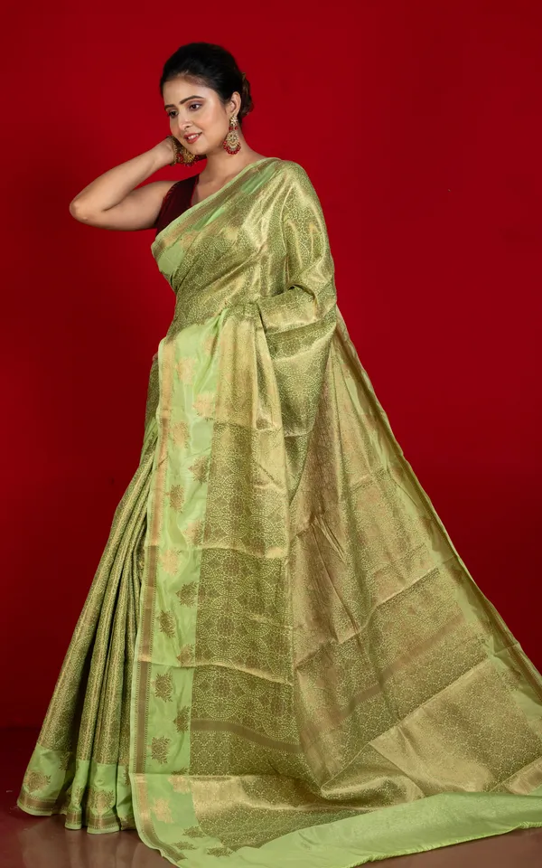 Tan_Chui_Work_Softy_Katan_Silk_Saree_In_Light_Olive_And_Antique_Golden