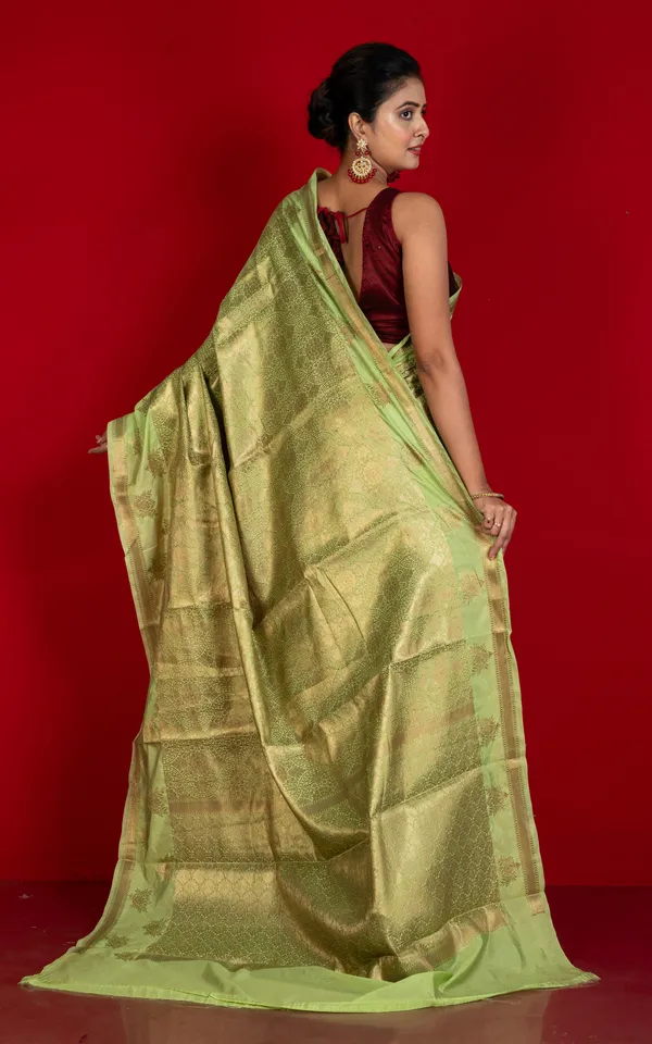 Tan_Chui_Work_Softy_Katan_Silk_Saree_In_Light_Olive_And_Antique_Golden
