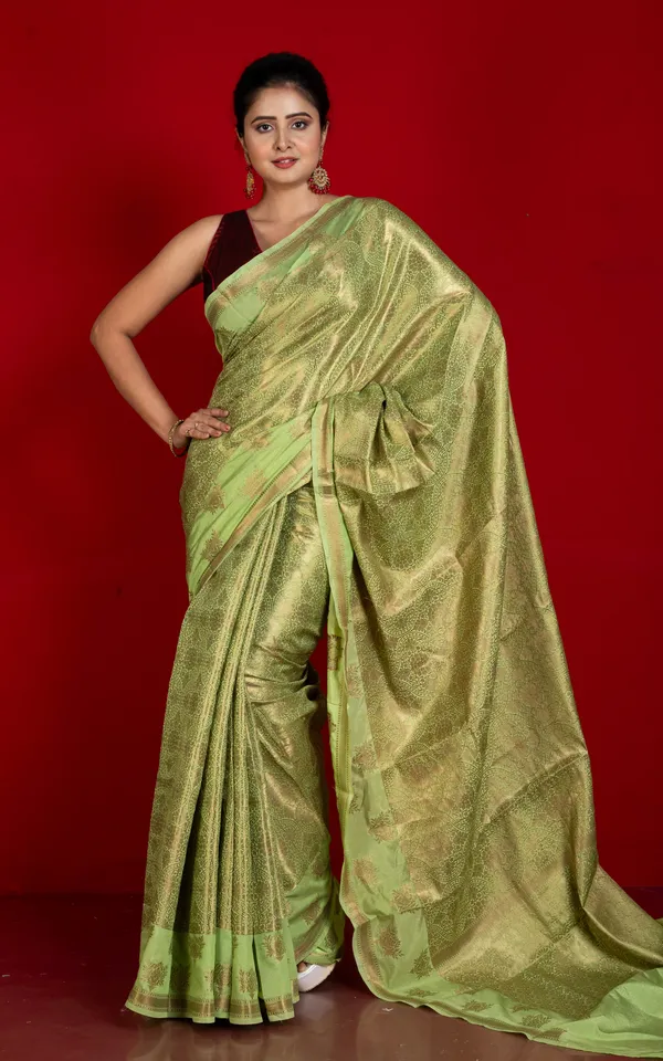 Tan_Chui_Work_Softy_Katan_Silk_Saree_In_Light_Olive_And_Antique_Golden