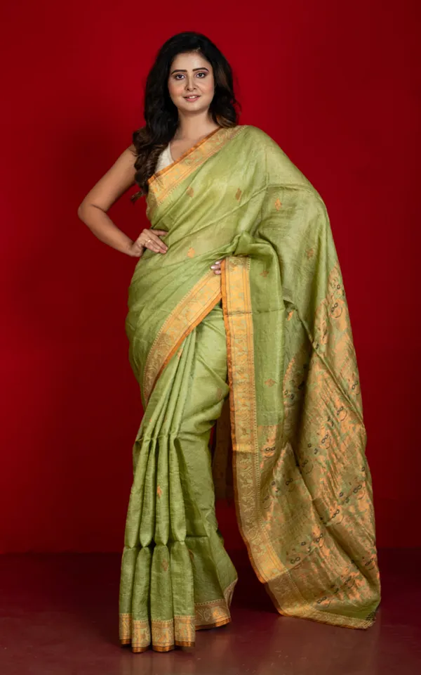 Premium_Quality_Tussar_Baluchari_Silk_Saree_In_Wild_Willow_Dark_Brown_And_Antique_Golden