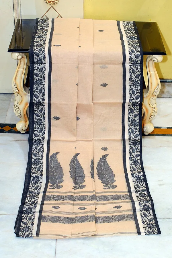 Bengal_Handloom_Cotton_Bomkai_Leaf_And_Floral_Nakshi_Work_Saree_In_Warm_Beige_Off_White_And_Black