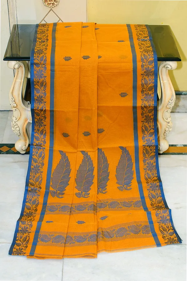 Bengal_Handloom_Cotton_Bomkai_Leaf_And_Floral_Nakshi_Work_Saree_In_Golden_Bell_And_Cerulean_Blue