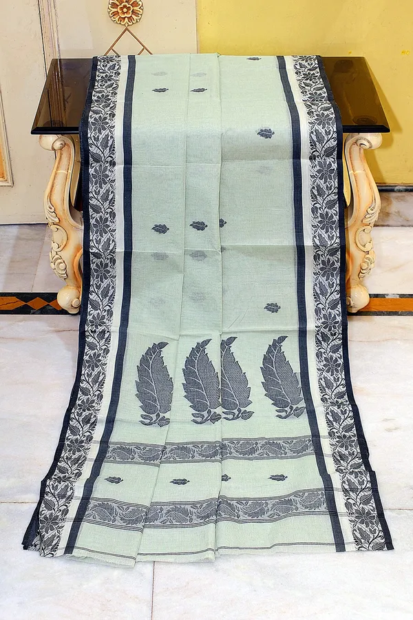 Bengal_Handloom_Cotton_Bomkai_Leaf_And_Floral_Nakshi_Work_Saree_In_Sea_Mist_Off_White_And_Black