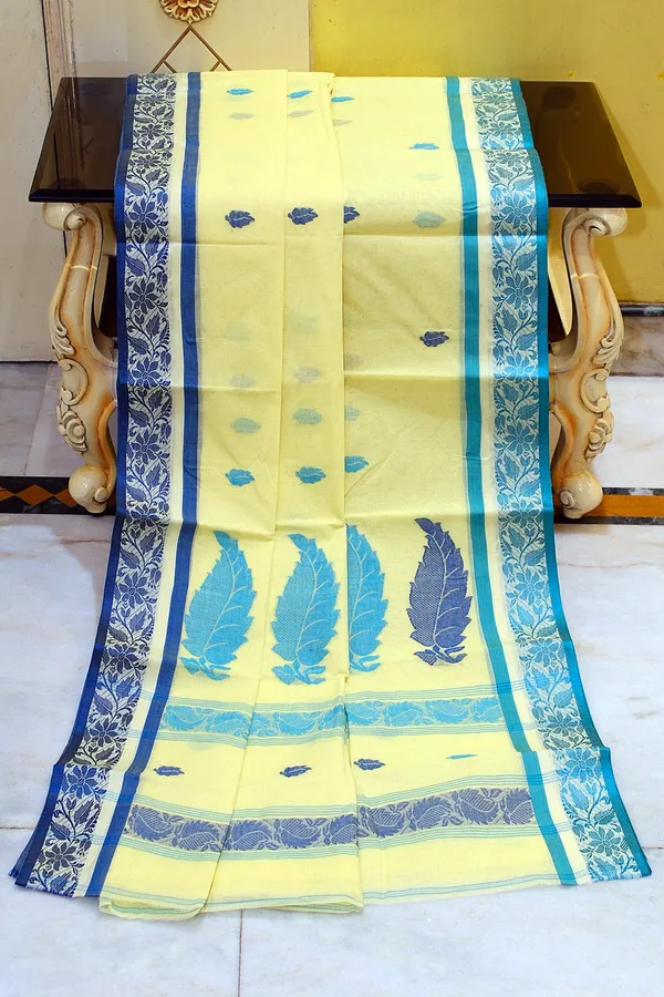 Bengal_Handloom_Cotton_Bomkai_Leaf_And_Floral_Nakshi_Work_Saree_In_Pastel_Yellow_Denim_Blue_And_Turquoise
