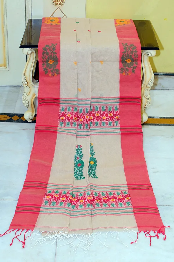 Woven_Jamdani_Nakshi_Work_Border_Premium_Quality_Bengal_Handloom_Cotton_Saree_In_Foggy_Grey_Red_And_Multicolor