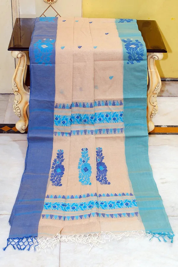 Woven_Jamdani_Nakshi_Work_Border_Premium_Quality_Bengal_Handloom_Cotton_Saree_In_Beige_Denim_Blue_And_Sea_Green
