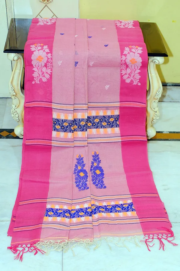 Woven_Jamdani_Nakshi_Work_Border_Premium_Quality_Bengal_Handloom_Cotton_Saree_In_Thulian_Pink_Raspberry_Pink_And_Multicolor