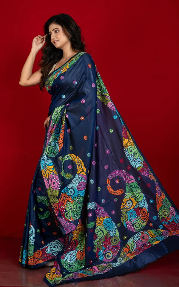 Hand_Embroidery_Blended_Silk_Kantha_Work_Saree_In_Midnight_Blue_And_Multicolor_Thread_Work