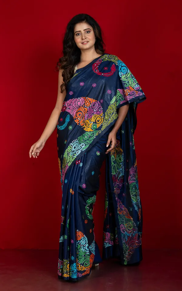 Hand_Embroidery_Blended_Silk_Kantha_Work_Saree_In_Midnight_Blue_And_Multicolor_Thread_Work