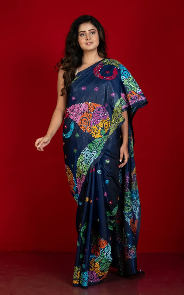 Hand_Embroidery_Blended_Silk_Kantha_Work_Saree_In_Midnight_Blue_And_Multicolor_Thread_Work