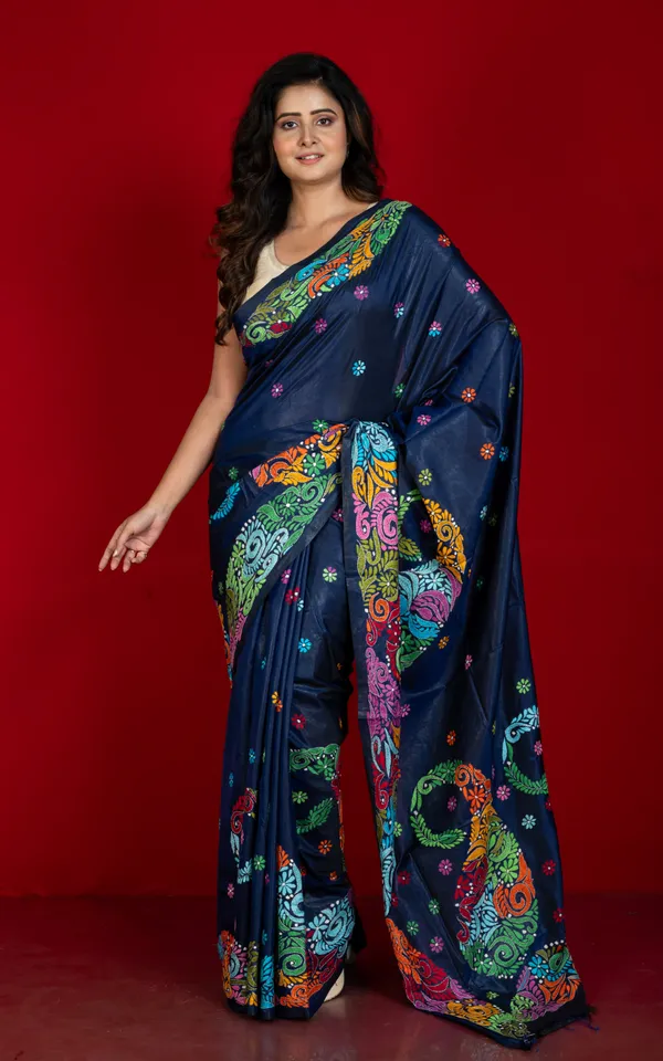 Hand_Embroidery_Blended_Silk_Kantha_Work_Saree_In_Midnight_Blue_And_Multicolor_Thread_Work