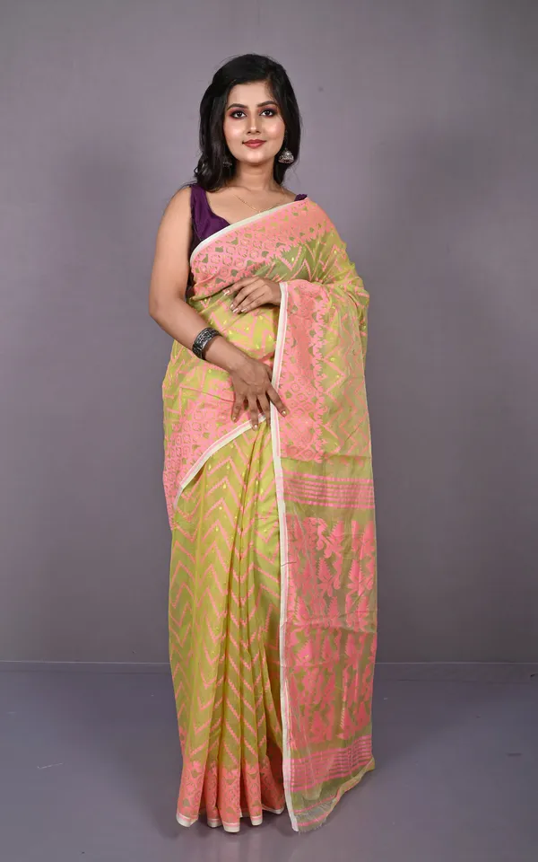 Traditional_Cotton_Muslin_Soft_Jamdani_Saree_In_Lime_Green_Sweet_Pink_And_Gold