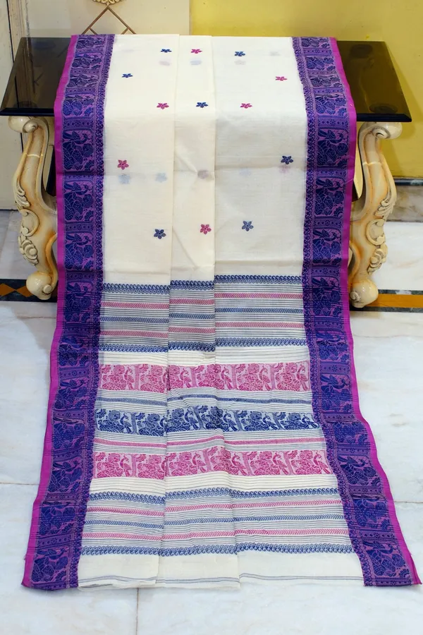 Bengal_Handloom_Cotton_Baluchari_Saree_In_Off_White_Royal_Blue_And_Magenta