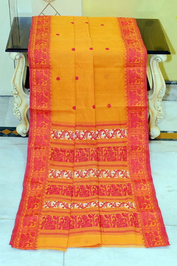 Bengal_Handloom_Cotton_Baluchari_Saree_In_Bee_Yellow_Red_And_Off_White