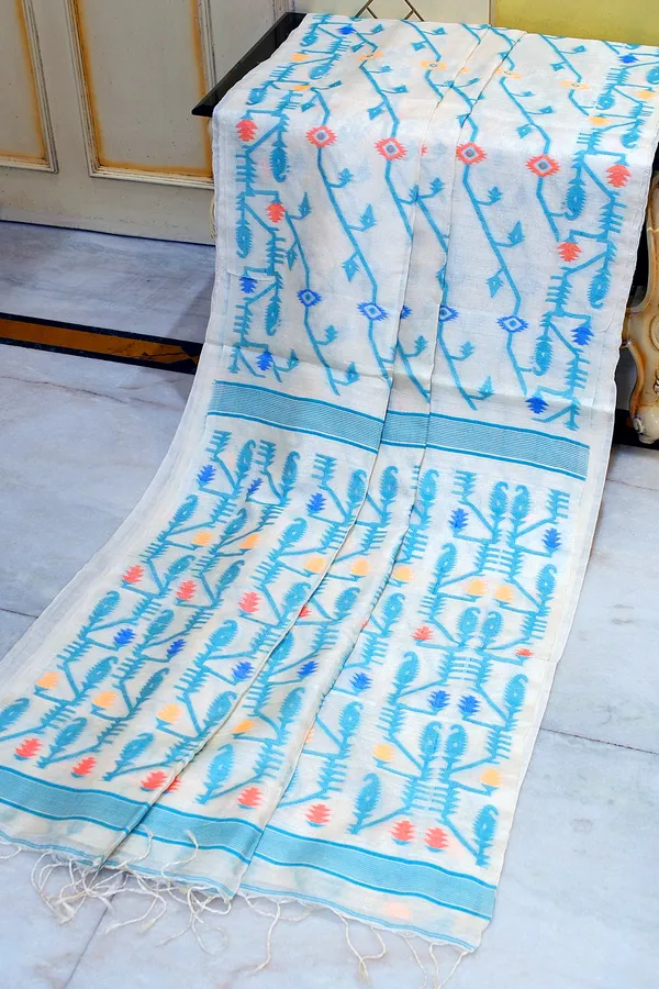 Premium_Quality_Tussar_Silk_Hand_Woven_Neddle_Karat_Aara_Work_Saree_In_Off_White_Sea_Green_And_Multicolor