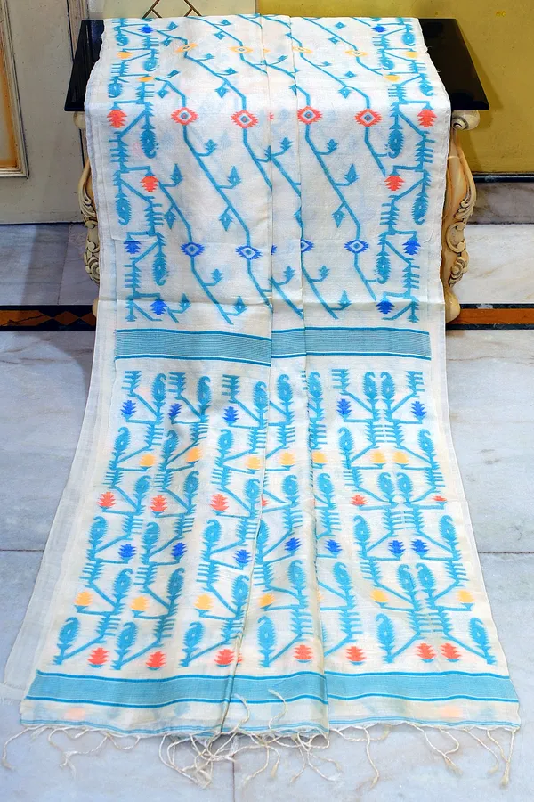 Premium_Quality_Tussar_Silk_Hand_Woven_Neddle_Karat_Aara_Work_Saree_In_Off_White_Sea_Green_And_Multicolor
