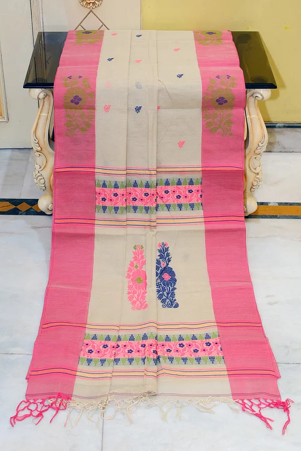 Woven_Jamdani_Nakshi_Work_Border_Premium_Quality_Bengal_Handloom_Cotton_Saree_In_Coconut_Milk_Flamingo_Pink_And_Multicolor