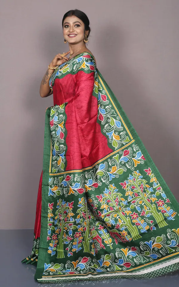 Printed_Soft_Semi_Ghicha_Silk_Saree_In_Red_Green_And_Multicolor