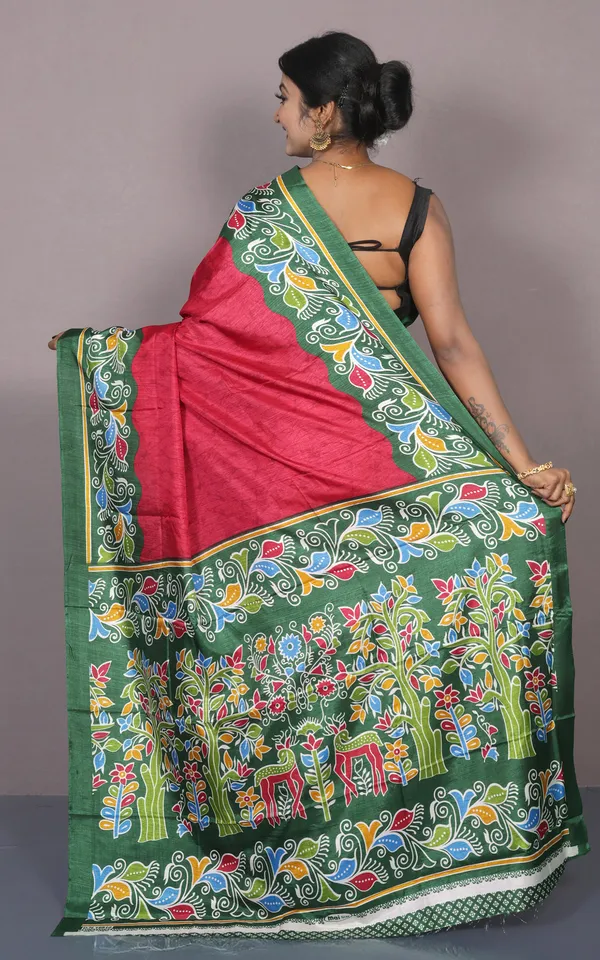 Printed_Soft_Semi_Ghicha_Silk_Saree_In_Red_Green_And_Multicolor
