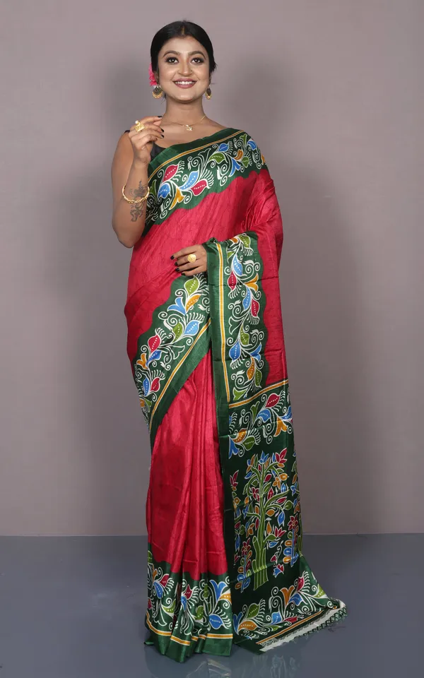 Printed_Soft_Semi_Ghicha_Silk_Saree_In_Red_Green_And_Multicolor