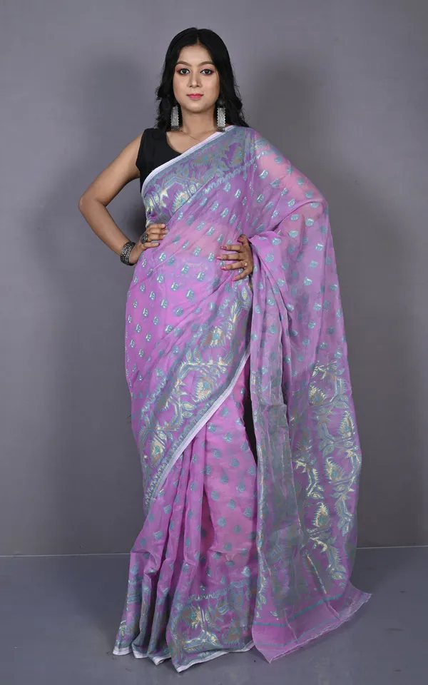 Traditional_Soft_Jamdani_Saree_In_Pastel_Violet_Turquoise_And_Gold