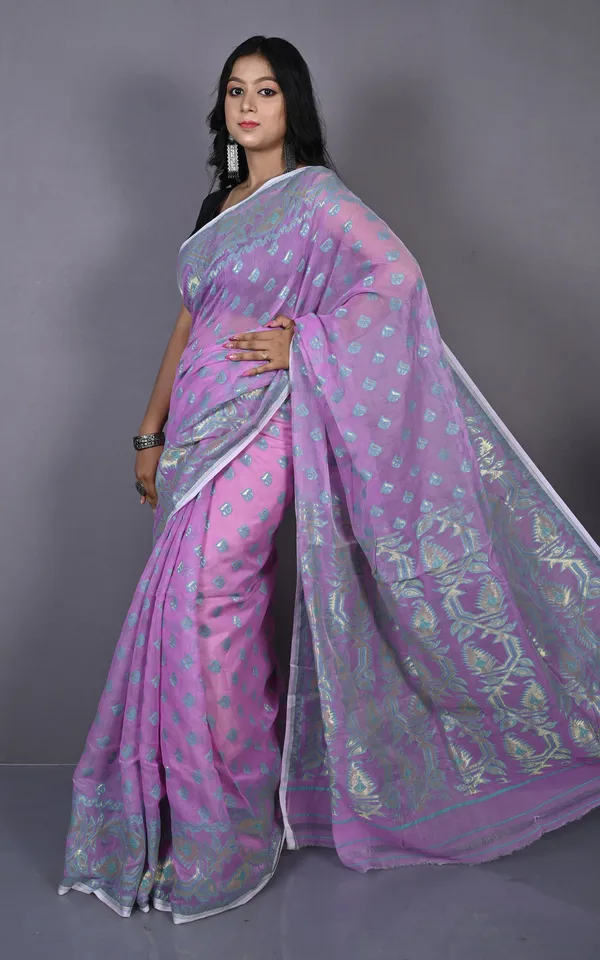 Traditional_Soft_Jamdani_Saree_In_Pastel_Violet_Turquoise_And_Gold