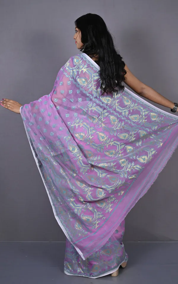 Traditional_Soft_Jamdani_Saree_In_Pastel_Violet_Turquoise_And_Gold