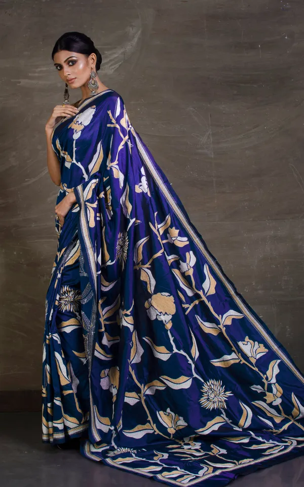 Hand_Embroidery_Blended_Silk_Kantha_Work_Saree_In_Royal_Blue_Beige_And_Off_White_Thread_Work