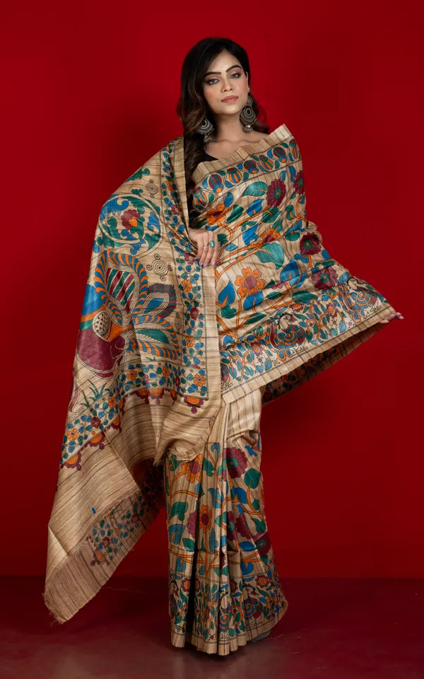 Premium_Quality_Half_And_Half_Painted_Madhubani_On_Natural_Ghicha_Tussar_Silk_Saree_In_Natural_Beige_And_Multicolor