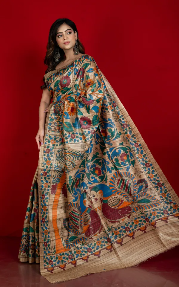 Premium_Quality_Half_And_Half_Painted_Madhubani_On_Natural_Ghicha_Tussar_Silk_Saree_In_Natural_Beige_And_Multicolor