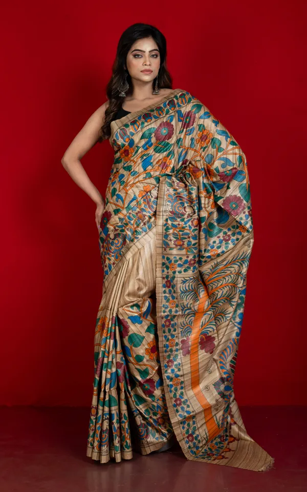 Premium_Quality_Half_And_Half_Painted_Madhubani_On_Natural_Ghicha_Tussar_Silk_Saree_In_Natural_Beige_And_Multicolor