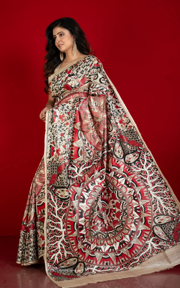 Hand_Painted_Madhubani_On_Premium_Quality_Soft_Tussar_Silk_Saree_Beige_Black_Red_And_Off_White