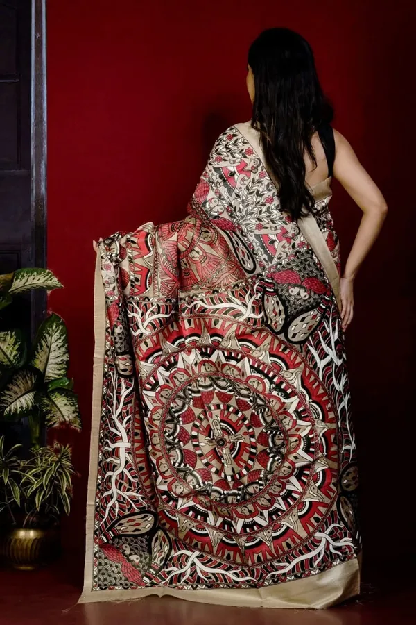 Hand_Painted_Madhubani_On_Premium_Quality_Soft_Tussar_Silk_Saree_Beige_Black_Red_And_Off_White