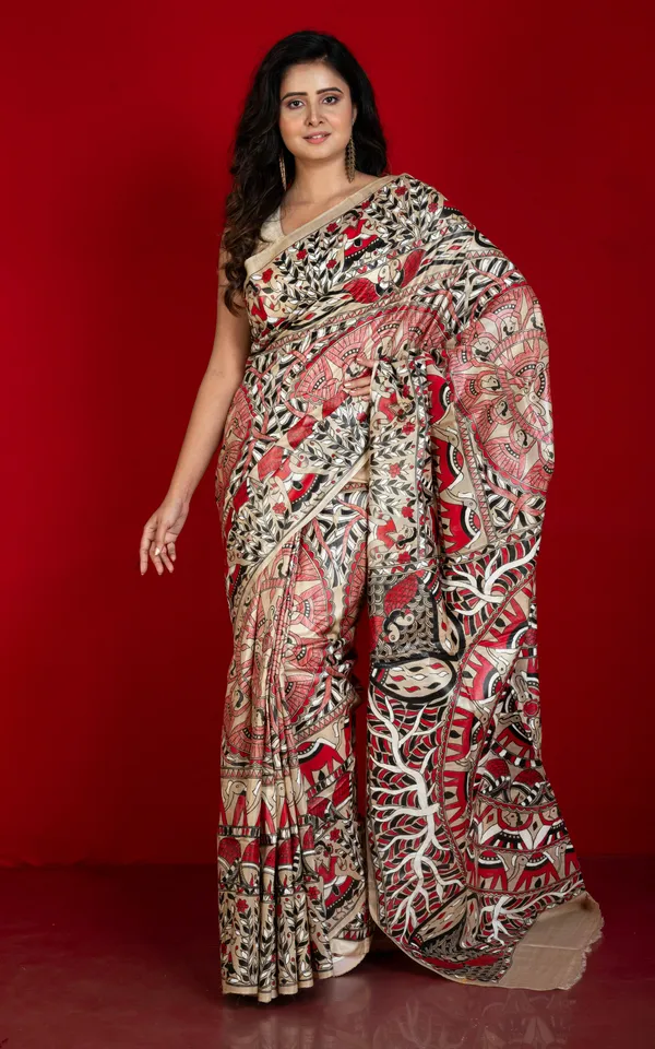 Hand_Painted_Madhubani_On_Premium_Quality_Soft_Tussar_Silk_Saree_Beige_Black_Red_And_Off_White